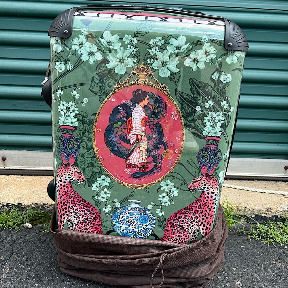 Two rolling/spinner hard-case carry-on sized bags, in blue and in green.